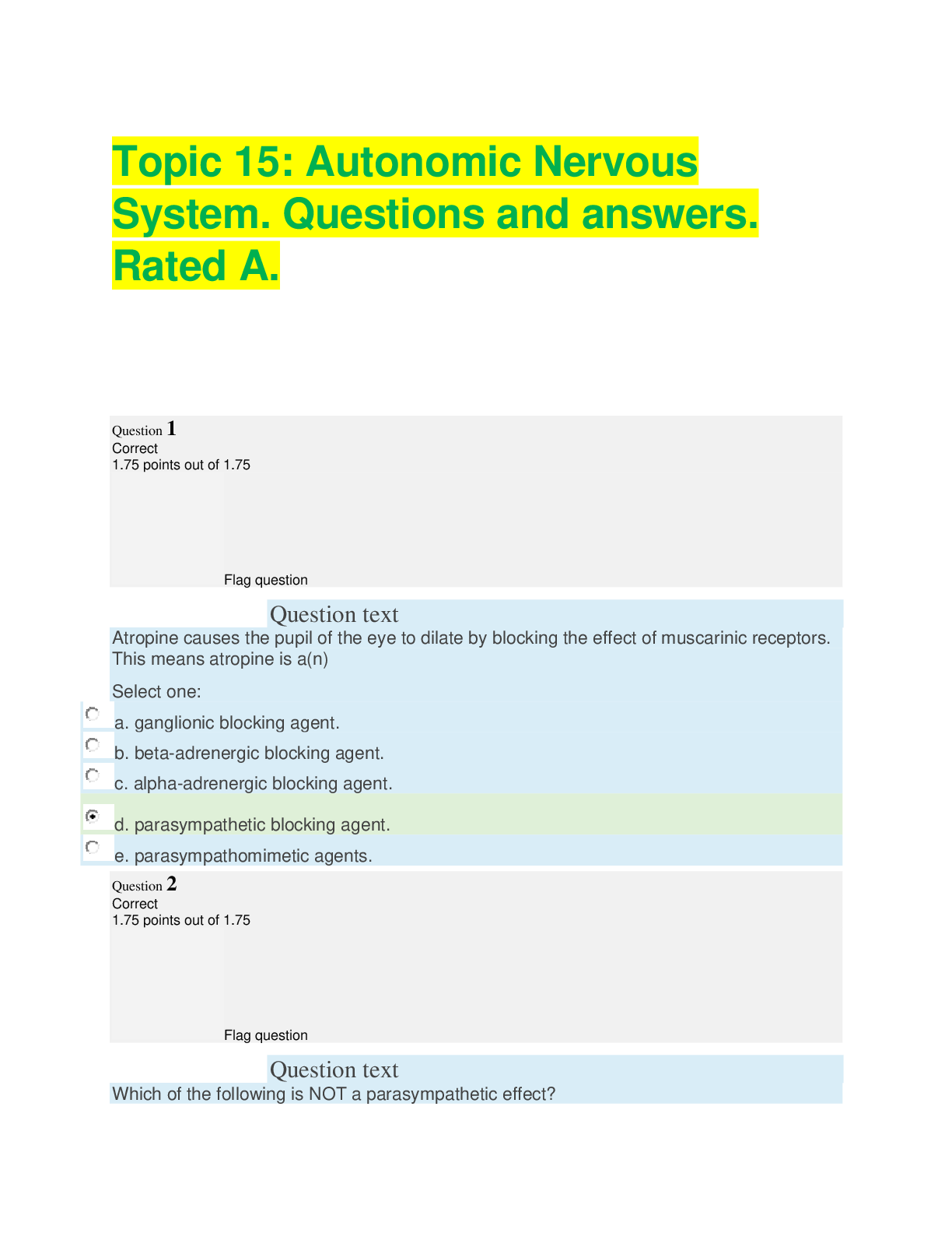 Preview image for Topic 15: Autonomic Nervous System. Questions and answers. Rated A.